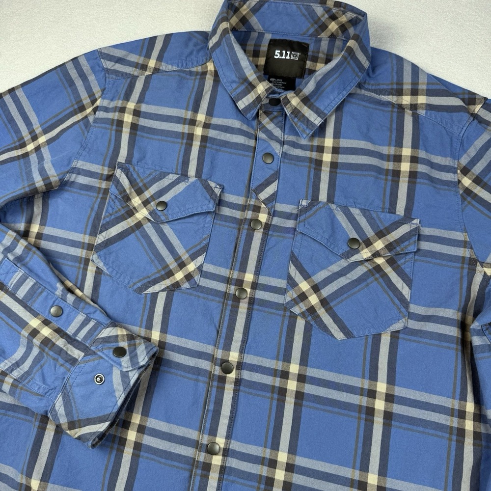 5.11 Tactical Gunner Plaid Long Sleeve Shirt Men L Blue Pockets Snap Button
